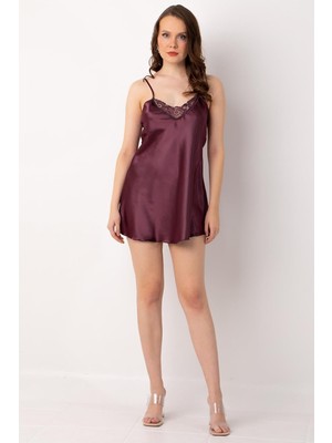 Royal Rain Store Miorre Ince Askılı Güpürlü Mini Saten Gecelik,koyu Mürdüm Xl/2xl