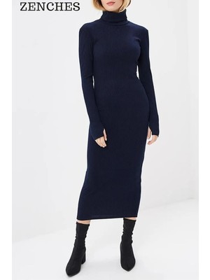 Royal Rain Store Balıkçı Yaka Midi Boy Fitilli Pamuklu Kalem Elbise