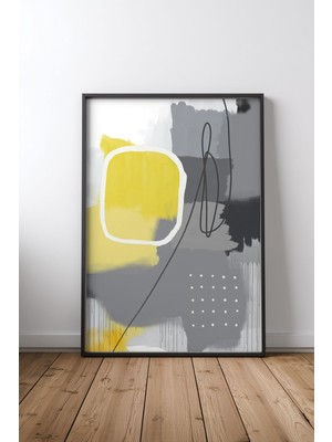 Keyf Home Abstract Yellow And Gray Art Siyah Çerçeveli Mdf Tablo Poster Salon Duvar Dekoru Hediye