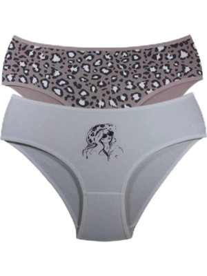 Royal Rain Store Büyük Beden Pamuklu Külot Leopar Desenli ve Kız Figürlü 2'li Paket Hipster Yüksel Bel