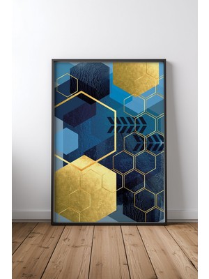 Keyf Home Blue Geo Luxe Siyah Çerçeveli Mdf Tablo Poster Salon Duvar Dekoru Hediye