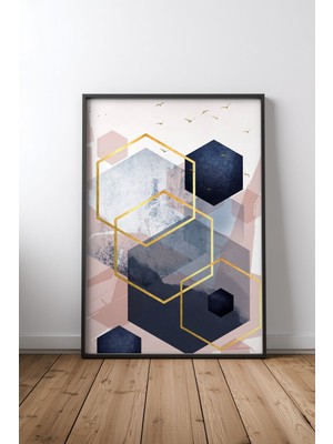 Keyf Home Blush Navy Gold Abstracts Tasarım 2 Siyah Çerçeveli Mdf Tablo Poster Salon Duvar Dekoru Hediye