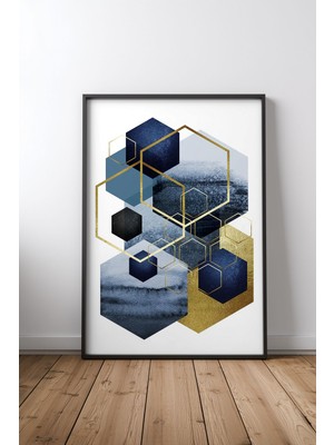 Keyf Home Gold Navy Geo 2 Siyah Çerçeveli Mdf Tablo Poster Salon Duvar Dekoru Hediye