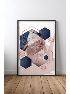 Keyf Home Geometric Pink Navy Gold Siyah Çerçeveli Mdf Tablo Poster Salon Duvar Dekoru Hediye