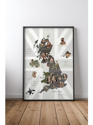 Keyf Home Dapper Animals Of Uk Map Siyah Çerçeveli Mdf Tablo Poster Salon Duvar Dekoru Hediye