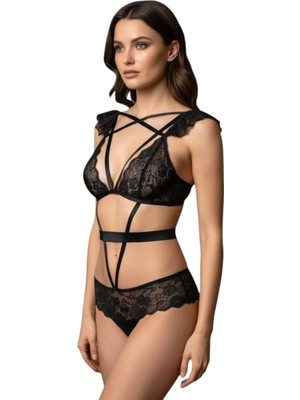 Royal Rain Store New Dreams Siyah Dantel Fantazi Iç Giyim Takımı Seksi Detaylı Transparan Kadın Gecelik Sütyen Külot Set