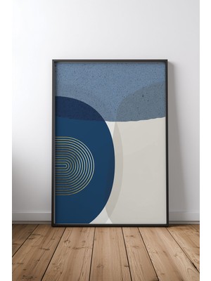 Keyf Home Abstract Blue And Gold Geometric Art Siyah Çerçeveli Mdf Tablo Poster Salon Duvar Dekoru Hediye