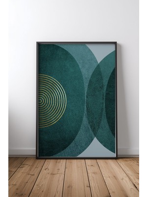 Keyf Home Abstract Geometric Teal And Gold Circles Siyah Çerçeveli Mdf Tablo Poster Salon Duvar Dekoru Hediye