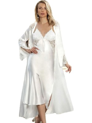 Royal Rain Store Ekru Kadın Saten Dantelli Sabahlık ve Gecelik 2'li Takım, Xl, B5192NT-19804IGP27190882