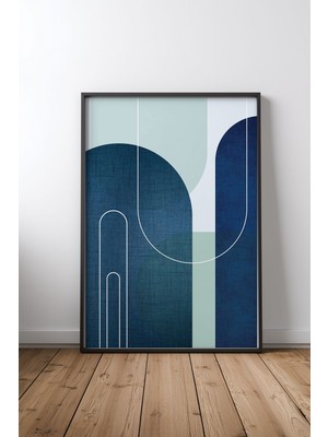 Keyf Home Mid Century Blue Serenity Tasarım 2 Siyah Çerçeveli Mdf Tablo Poster Salon Duvar Dekoru Hediye