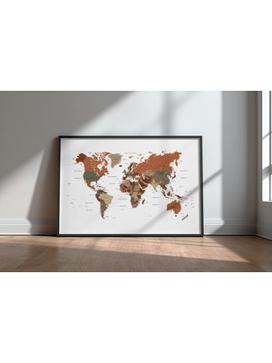Keyf Home World Map Brown Tones Siyah Çerçeveli Mdf Tablo Poster Salon Duvar Dekoru Hediye