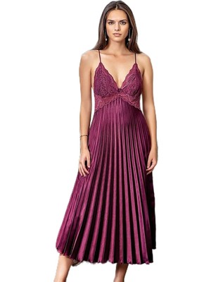 Royal Rain Store Kadın 7115 Uzun Pliseli Gecelik, Mor, M