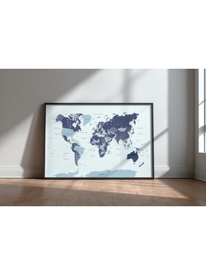 Keyf Home World Map With Countries Siyah Çerçeveli Mdf Tablo Poster Salon Duvar Dekoru Hediye