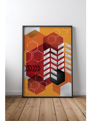 Keyf Home Red Geo Luxe Tasarım 2 Siyah Çerçeveli Mdf Tablo Poster Salon Duvar Dekoru Hediye