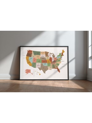 Keyf Home Us Map Earth Tones Siyah Çerçeveli Mdf Tablo Poster Salon Duvar Dekoru Hediye