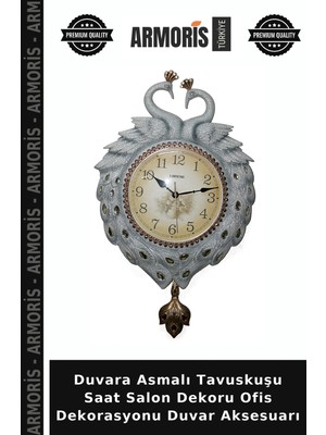 Armoris Duvara Asmalı Tavuskuşu Saat Salon Dekoru Ofis Dekorasyonu Duvar Aksesuarı