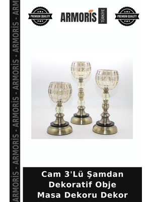 Armoris Cam 3'lü Şamdan Dekoratif Obje Masa Dekoru Dekor