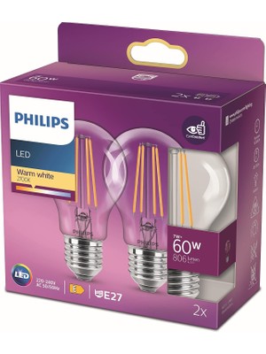 Özkaya Store Philips LED Classic 60W A60 Filament Ampul, 2700 Sarı Işık, E27 Normal Duy, Dim Edilmez 2'li Ekopaket