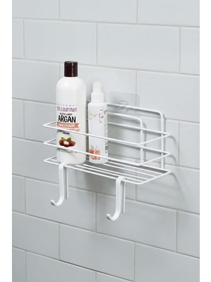 Tekli Beyaz Yapışkanlı Banyo Rafı + 2'li Askı Kanca Seti – Metal Duş Şampuanlık
