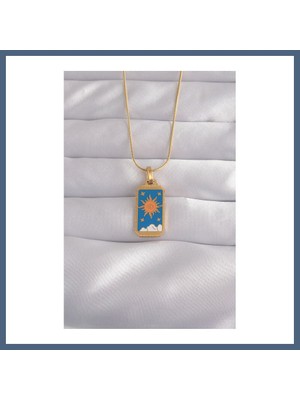Bezos 316L Çelik Gold Renk Mavi Mineli Güneş Model Tarot Kolye BZS10