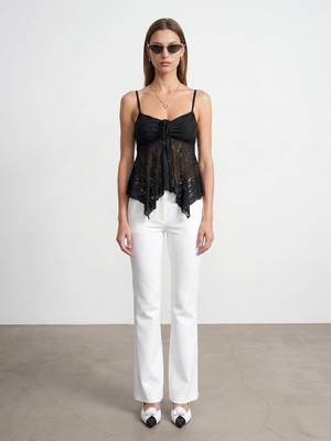 OEM Dılvın Dantel Crop Top Kadın Ince Askılı Kalp Yaka Asimetrik Kesim Fitted Üst