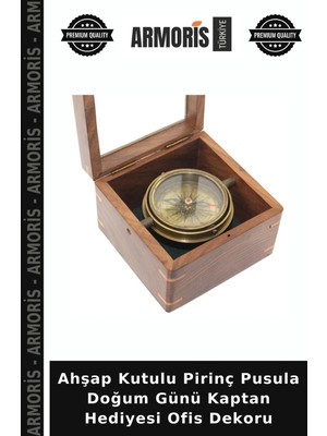 Armoris Ahşap Kutulu Pirinç Pusula Doğum Günü Kaptan Hediyesi Ofis Dekoru