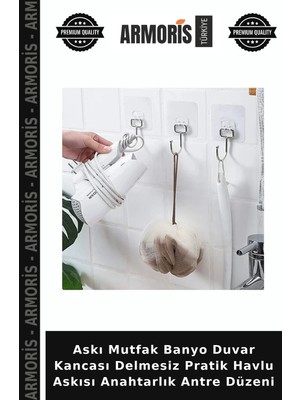 Armoris Askı Mutfak Banyo Duvar Kancası Delmesiz Pratik Havlu Askısı Anahtarlık Antre Düzeni