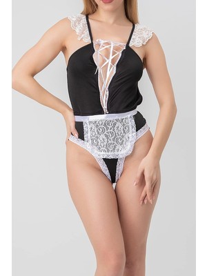 Üstüner Dantelli Hizmetçi Kostüm Siyah L-Xl