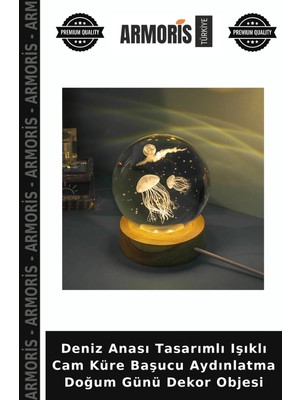 Armoris Deniz Anası Tasarımlı Işıklı Cam Küre Başucu Aydınlatma Doğum Günü Dekor Objesi