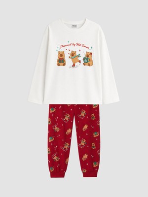 LC Waikiki Lcw Kids Ekru Yılbaşı Temalı Kız Çocuk Pijama Takımı