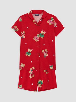 LC Waikiki Lcw Kids Kırmızı Yılbaşı Temalı Kız Çocuk Şortlu Pijama Takımı
