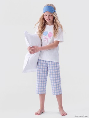 LC Waikiki Lcw Kids Ekru Bisiklet Yaka Kız Çocuk Kaprili Pijama Takım