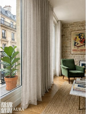 Fluiana  Paris Keten Tül Perde |taş Keten Ekstrafor Büzgülü Pilesiz Düz Dikim, Modern Dikim Keten Perde