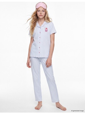 LC Waikiki Lcw Kids Beyaz Gömlek Yaka Çizgili Kız Çocuk Pijama Takımı