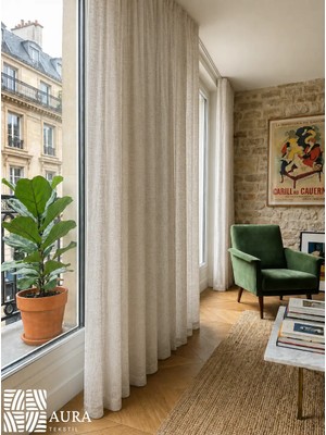 Fluiana  Paris Keten Tül Perde |bej Keten Ekstrafor Büzgülü Pilesiz Düz Dikim, Modern Dikim Keten Perde