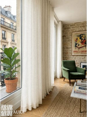 Fluiana  Paris Keten Tül Perde |ekru Keten Ekstrafor Büzgülü Pilesiz Düz Dikim, Modern Dikim Keten Perde