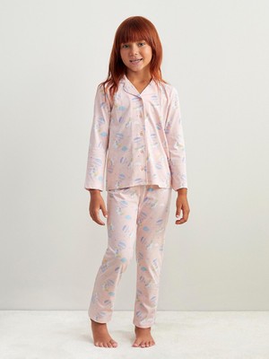 LC Waikiki Lcw Kids Pembe Gömlek Yaka Baskılı Kız Çocuk Pijama Takımı