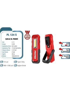 Üstüner Proter Pl 124S 5W Smd + Cob LED 420 Lümen 4.4 Ah Şarflı El Feneri P4EF132
