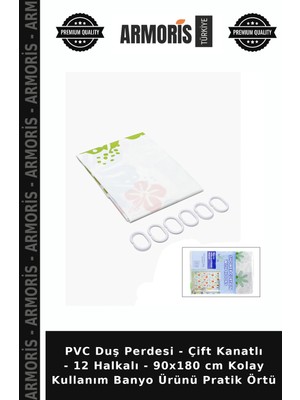 Armoris Pvc Duş Perdesi - Çift Kanatlı - 12 Halkalı - 90X180 cm Kolay Kullanım Banyo Ürünü Pratik Örtü