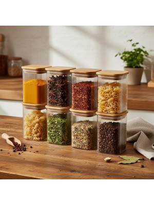Özkaya Store Deconox 6'lı Set 350 ml Bambu Kapaklı Kare Cam Kavanoz - 6X10 cm Vakumlu Orta Boy Şeffaf Erzak Kabı Kahve Çay Baharatlık ve Mutfak Düzenleyici Organizer Saklama Kutusu