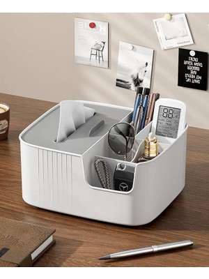 Gy Atelier Çok Bölmeli Masa Üstü Organizer Kutusu – Kağıt Havlu Bölmeli, Kalemlikli, Uzaktan Kumanda, Makyaj Malzemesi ve Aksesuar Düzenleyici, Modern Tasarım, Ev ve Ofis Için (Beyaz)