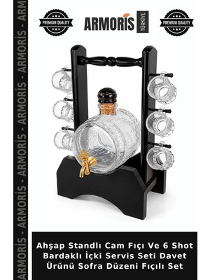 Armoris Ahşap Standlı Cam Fıçı ve 6 Shot Bardaklı Içki Servis Seti Davet Ürünü Sofra Düzeni Fıçılı Set