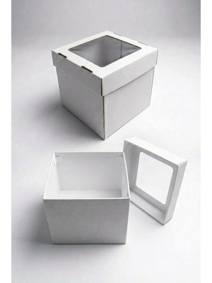 OEM Pencereli Pasta Kutusu, 2 Adet, 30X30X20 Cm, Sert Beyaz Oluklu Karton Pasta Kutusu