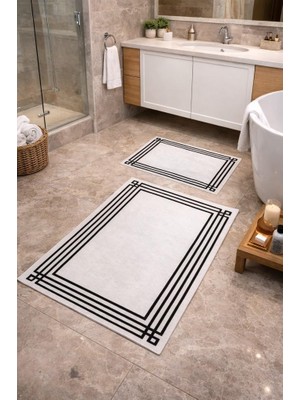 Gy Atelier Modern Çizgili Çerçeve Banyo Paspası Kaydırmaz Tabanlı Yumuşak 2'li Set Beyaz
