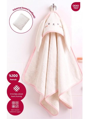 Gy Atelier Kapüşonlu Bebek Banyo HAVLUSU%100 Pamuk Bebek Havlu Oeko-Tex® Havlu Kundak - Ekru Tavşan, 75 x 75 cm