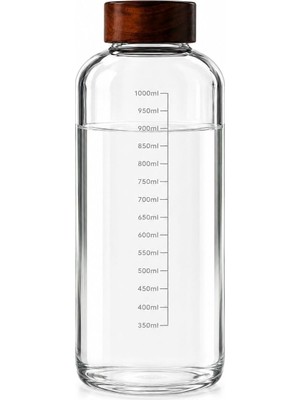 OEM 1000 ml Akasya Kapaklı Cam Matara Ölçekli Su Şişesi Sızdırmaz Kapaklı Şeffaf Cam Suluk