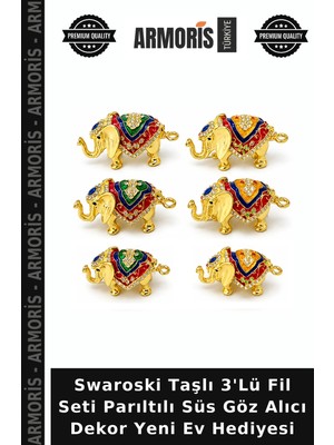 Armoris Swaroski Taşlı 3'lü Fil Seti Parıltılı Süs Göz Alıcı Dekor Yeni Ev Hediyesi