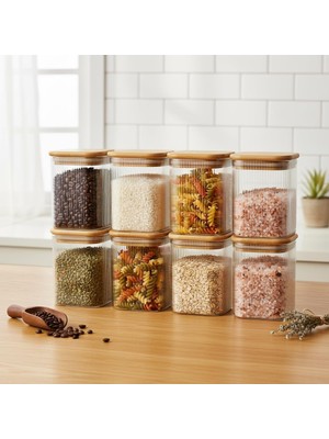 OEM Deconox 6'lı Set 275 ml Bambu Kapaklı Kare Cam Kavanoz - Vakumlu Mini Boy Çekmece Içi Baharatlık ve Şeffaf Saklama Kabı Organizatörü (6x8 Cm)