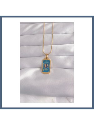 Bezos 316L Çelik Gold Renk Mavi Mineli El Figür Tarot Kolye BZS10
