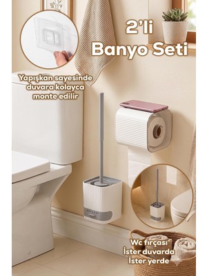 Odea 2li Banyo Seti Yapışkanlı Banyo Tuvalet Kağıtlığı Tuvalet Fırçası Peçetelik Tuvalet Fırçalığı Beyaz Gri
